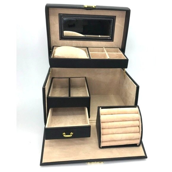 Songmics Leather Travel 3 Tier Fold Out Locking Jewelry Box Mirror & Handle Blk - Picture 5 of 16